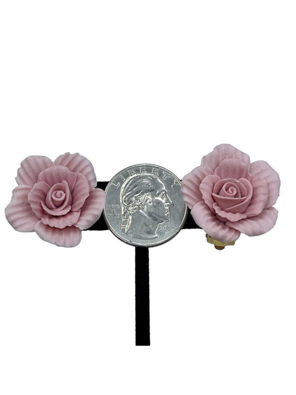 Vintage Porcelain Bisque Pink Flower Large Clip Earrings Artisan Hand Made Matte - Picture 9 of 10